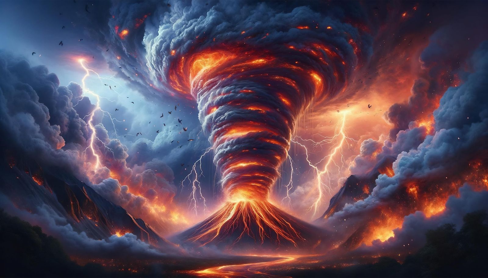 Lava Tornado with Thunderstorms: A Volcanic Display