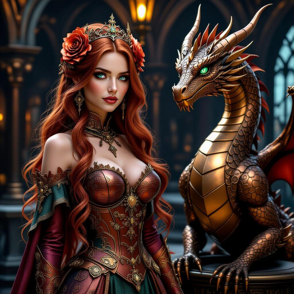 Gothic Woman with Steampunk Dragon in Digital Matte Painting