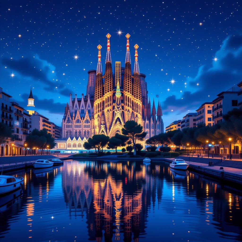 Barcelona Night Cityscape: Hyperrealistic Artstation Image