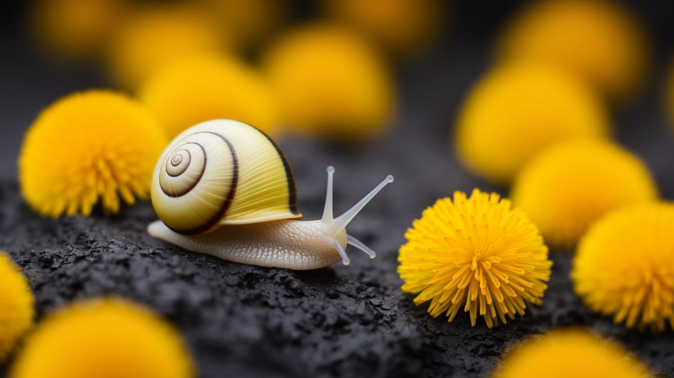 Vibrant Yellow Snail Crawls Amidst Bright Blooms