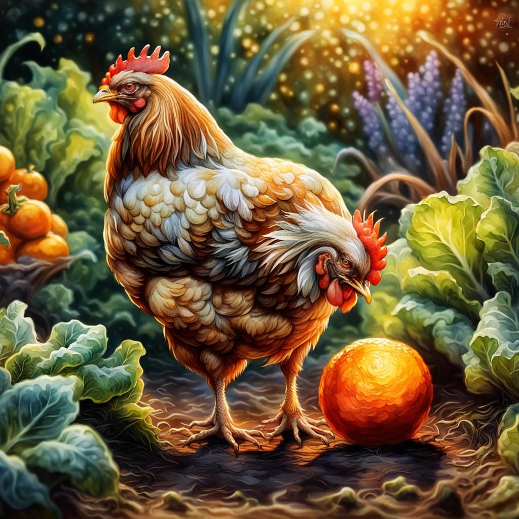 Hen Pulling Vegetable: Fantasy Art in Watercolor Oil