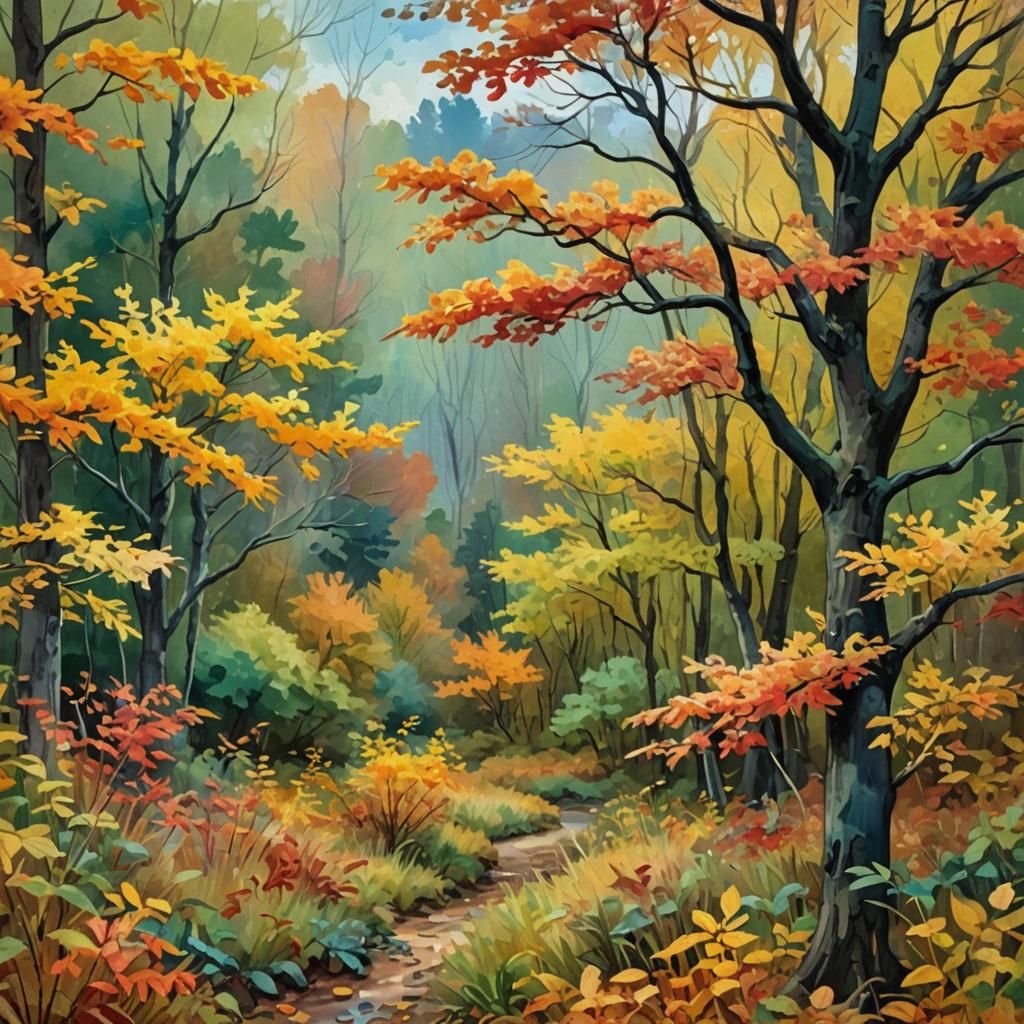 Autumn Nature in Gouache Impressionist Style