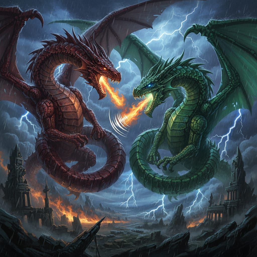 Two Dragons Battle in Fiery Sky