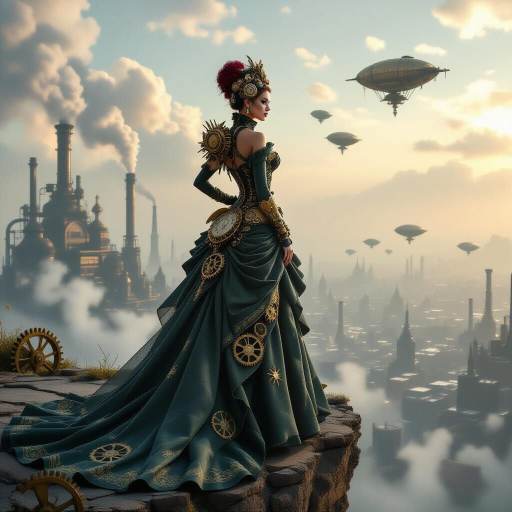 Steampunk Model Overlooks Industrial Cityscape