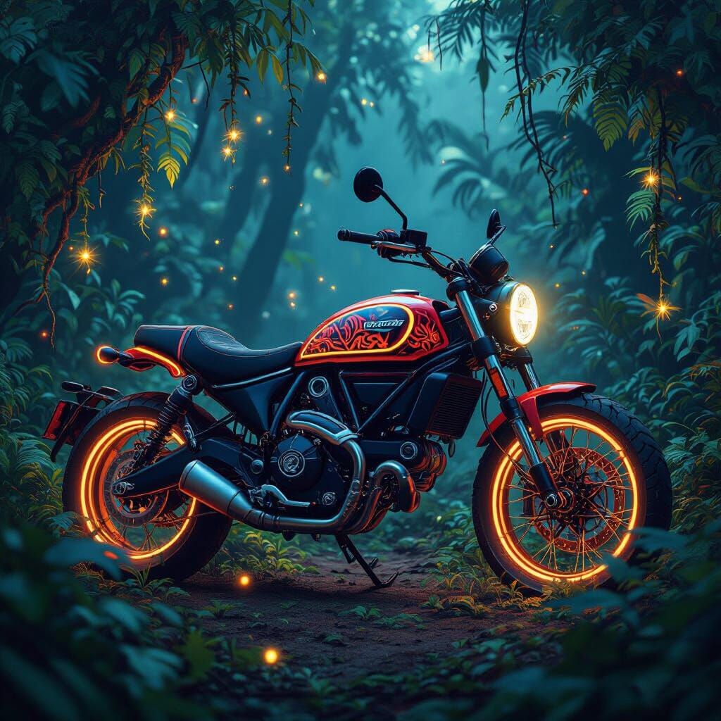 Ducati Scrambler in Bioluminescent Jungle, Mystical Realism