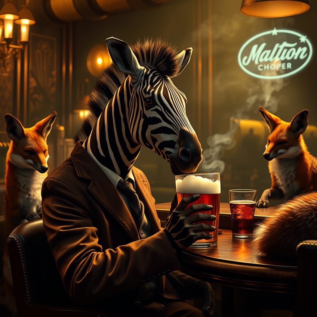 Zebra in Sophisticated Pub Setting, Surrounded by Fox Friend...