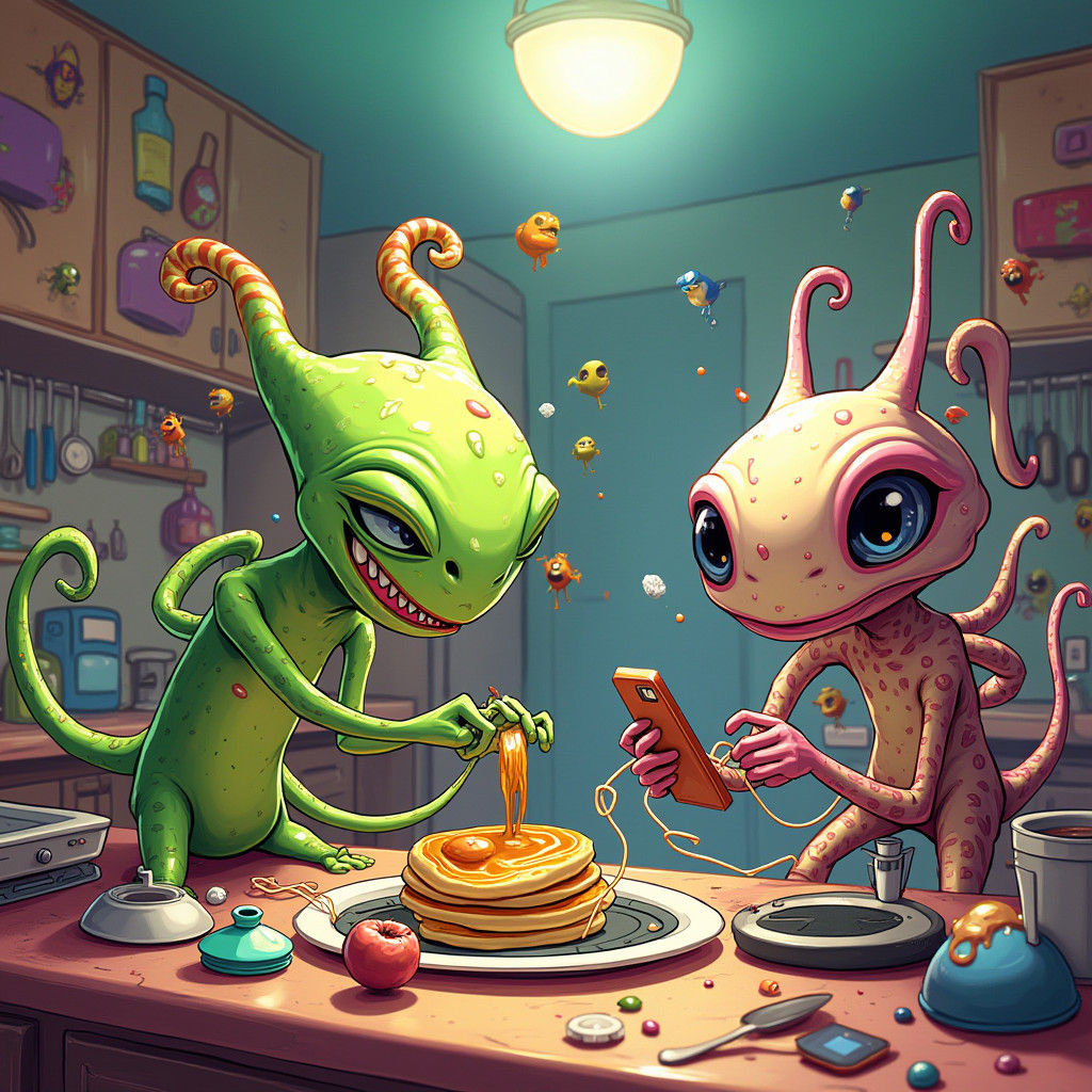 Cartoon Aliens Engage in Human Activities