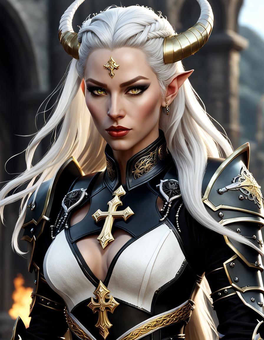 Tiefling Paladin in Black Armor, Detailed 4K Portrait