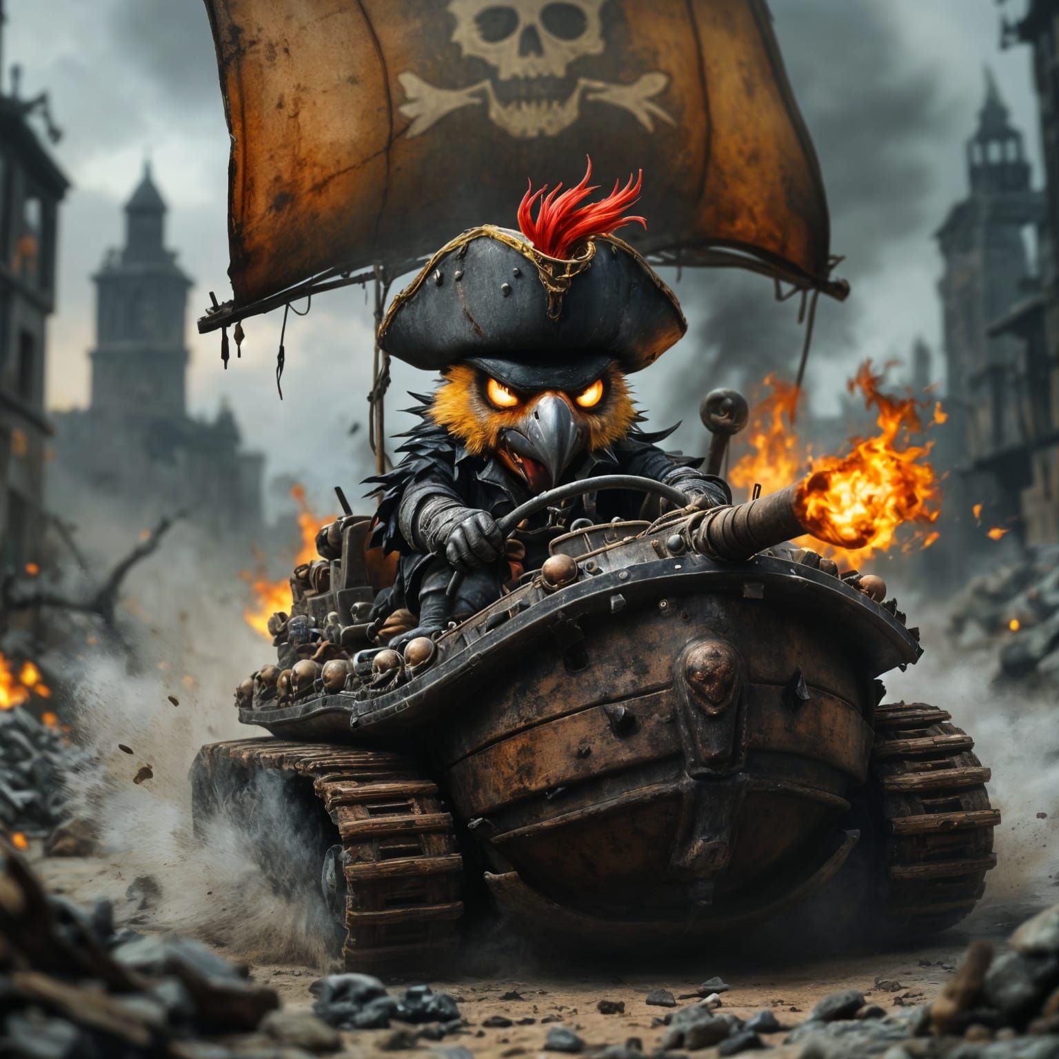 Chibi Parrot Races Pirate Tank in Mad Max Style