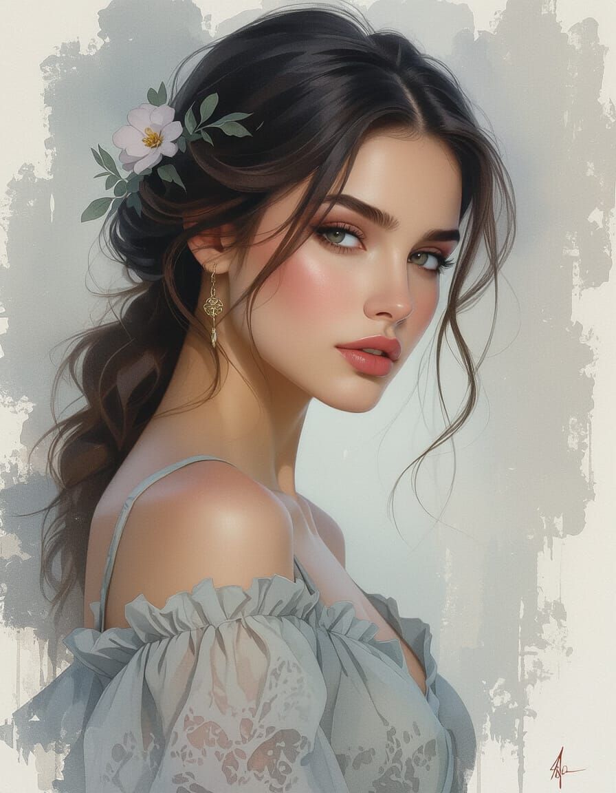 Introspective Woman in Hyperdetailed Art Nouveau Watercolor