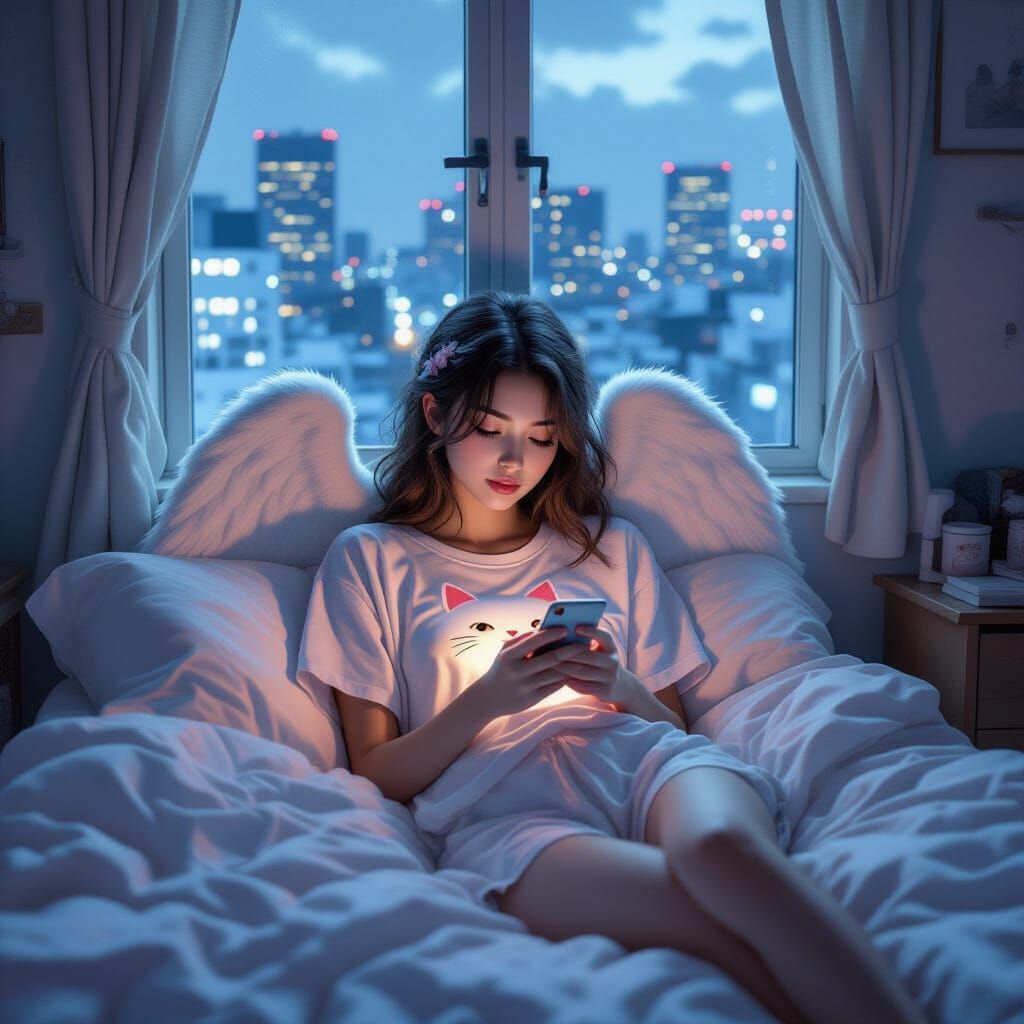 Tired Angel in Tokyo Bedroom: Hyperrealistic Digital Art