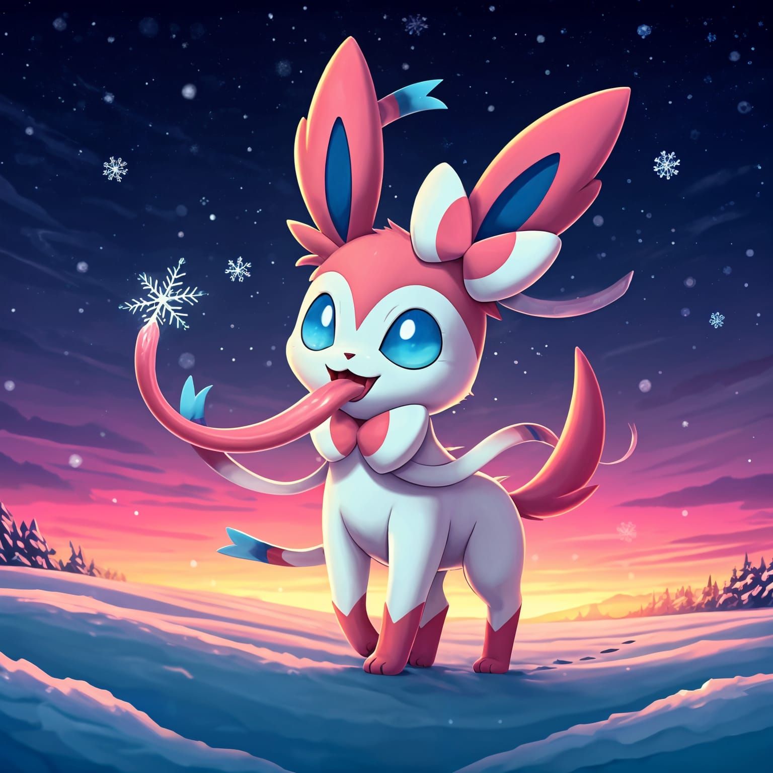 Cute Chibi Sylveon Licks Snowflakes Under Dark Starry Sky