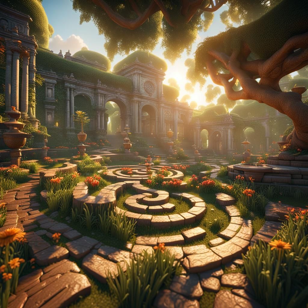Maze Garden on Sunny Day with Children, 3D Render