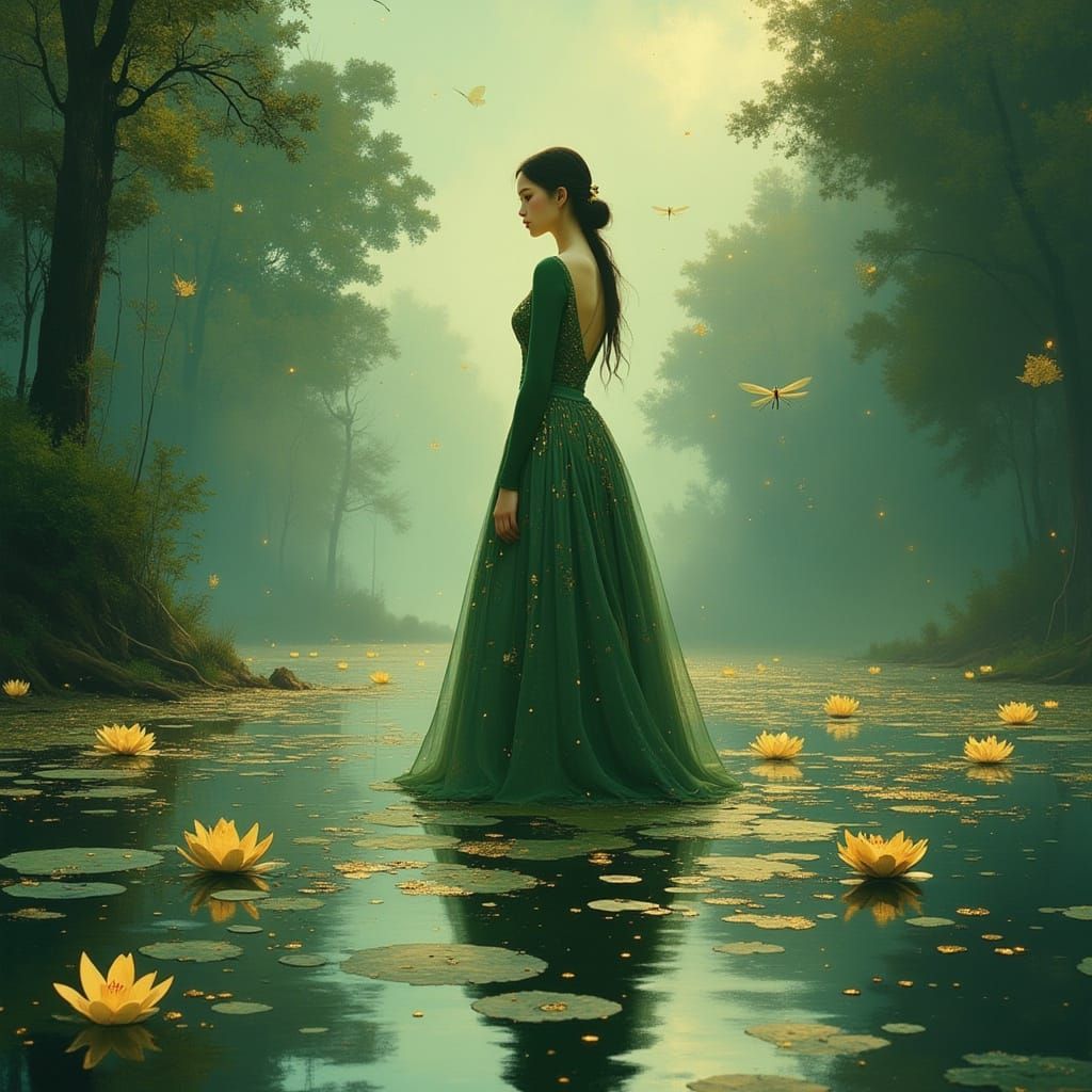 Tiana in a Gown Amidst a Luminous Swamp