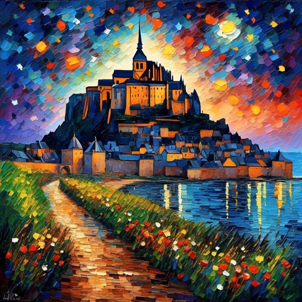 Mont Saint Michel at Night in Impasto Style