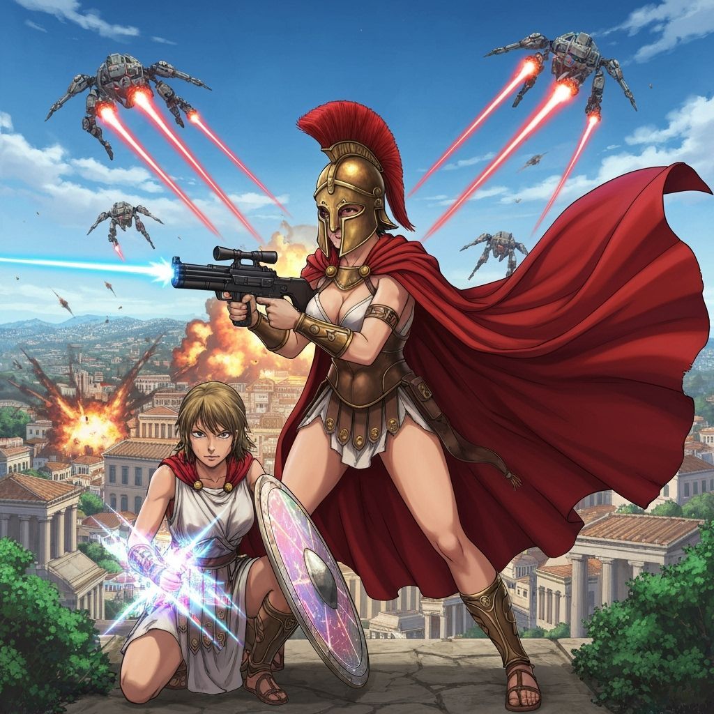 Greek Hoplite Warrior with Blaster in Anime Style