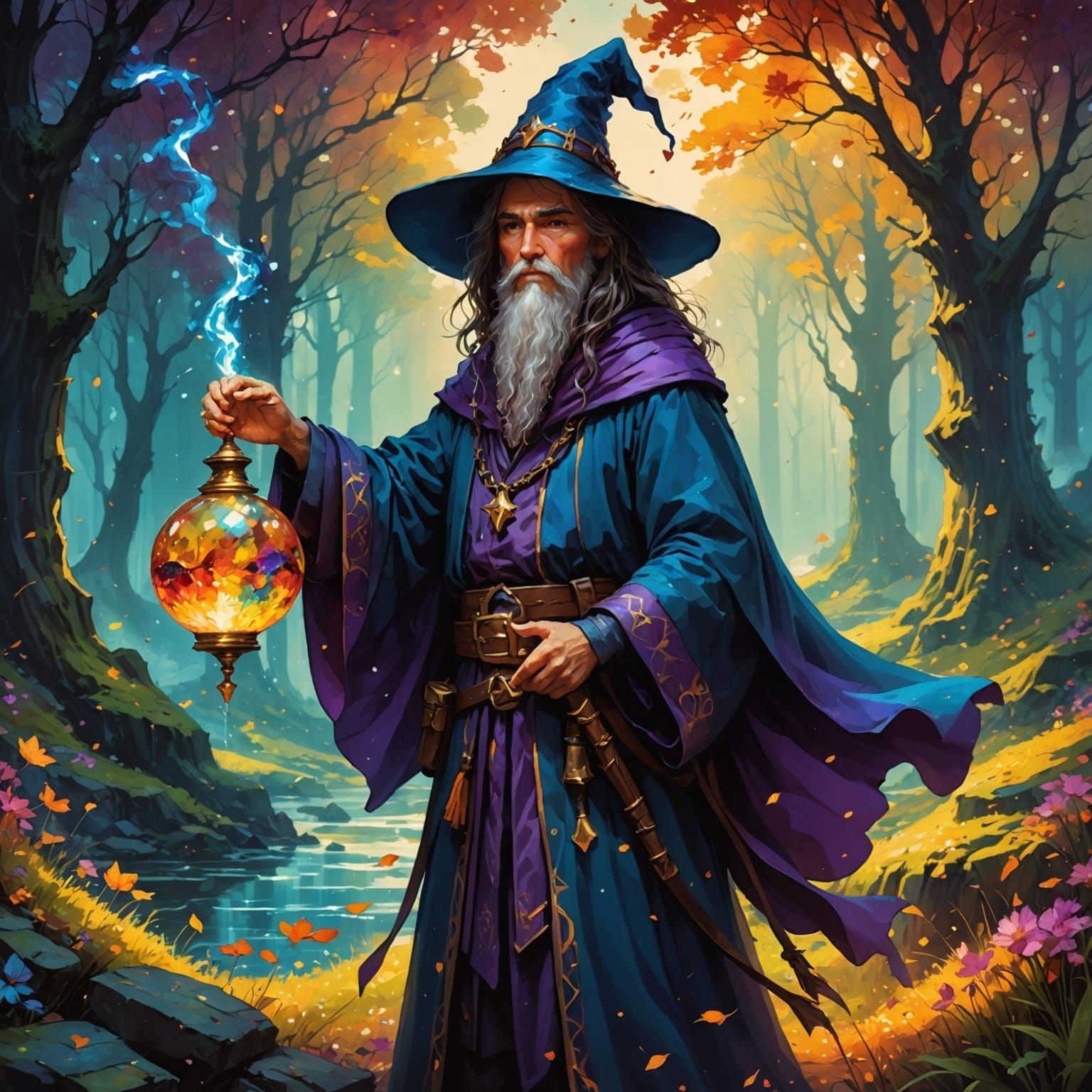 Enchanted Sorcerer in Vibrant Forest Dreamscape