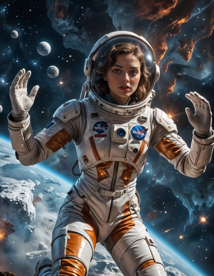 Scandinavian Astronaut Woman in Space with Cosmic Cliff