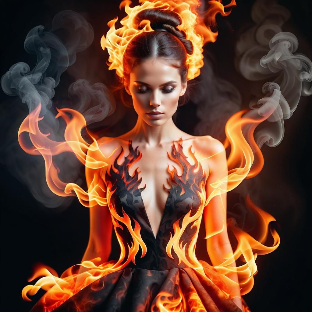 Elegant Woman Engulfed in Flames: A Fiery Portrait