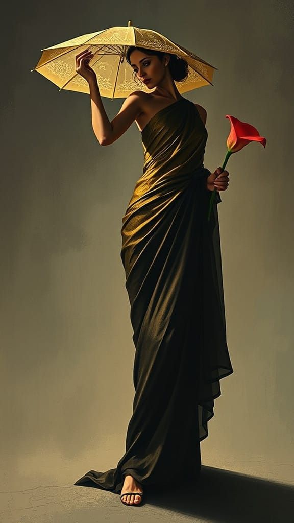 Elegant Woman in Soft Focus, Golden Sari, and Calla Lily