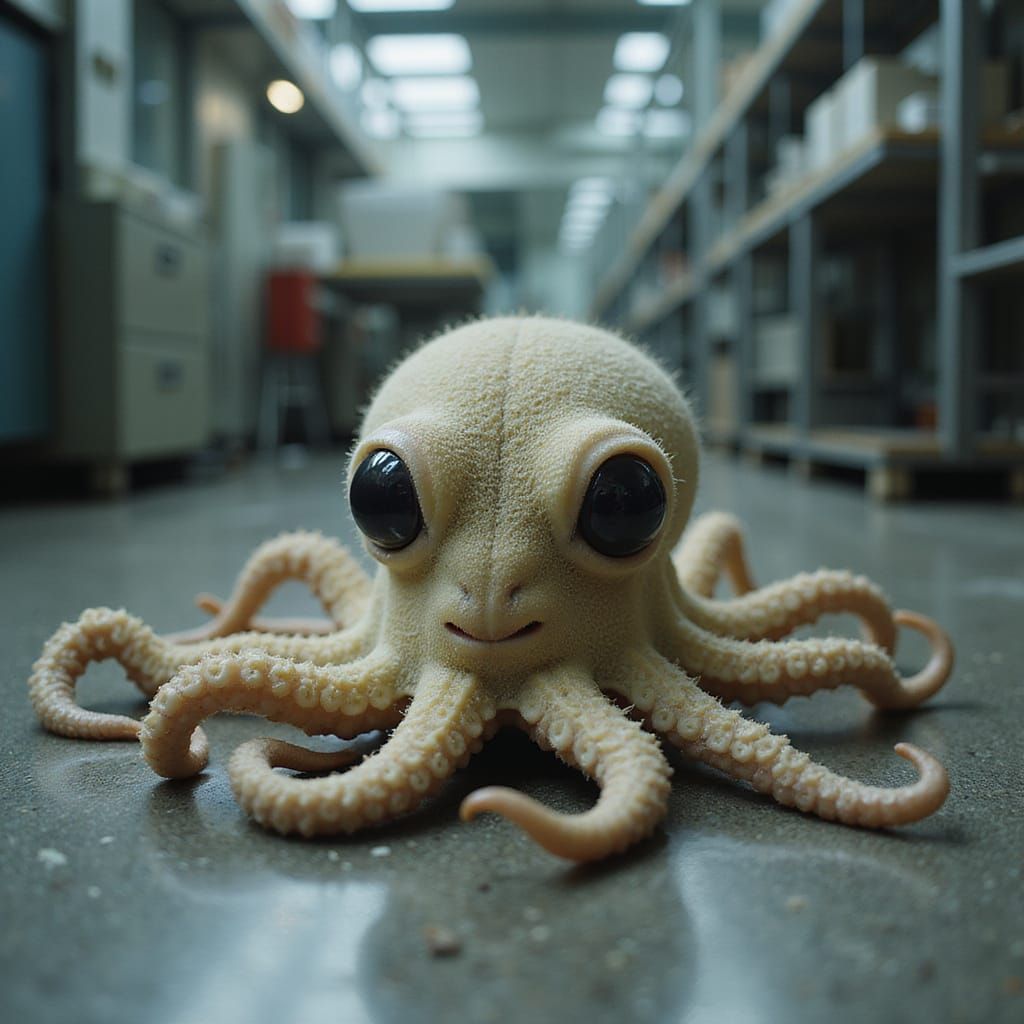 tiny octopus on the floor of observation alien lab
