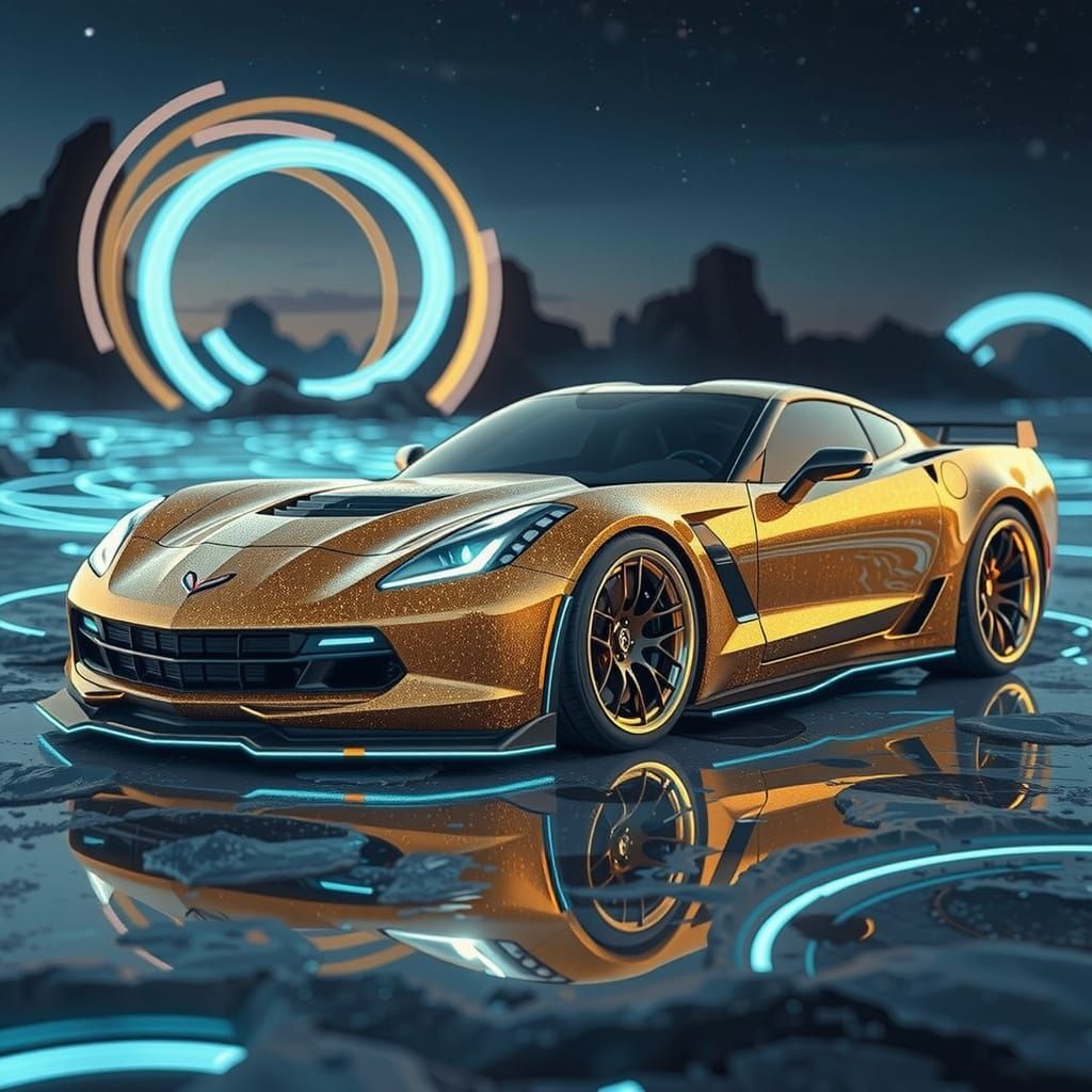 Futuristic Gold Corvette Gleaming Under Cosmic Lighting