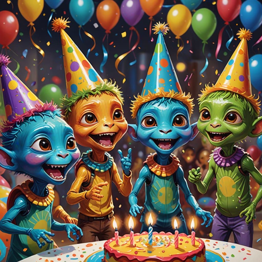 Cute Aliens Singing Joyfully at a Vibrant Birthday Party