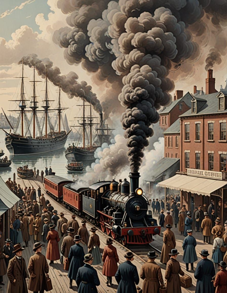 Vintage Harbor Scene with Steam Locomotive and Busy Railway....