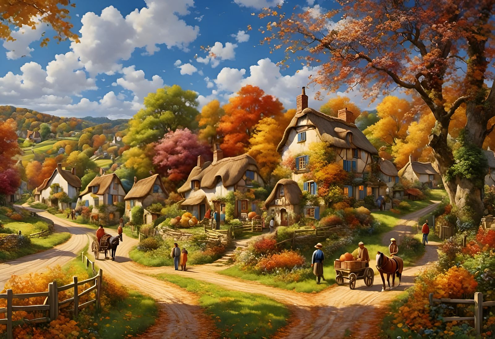 Picturesque Autumn Village Scene in Warm Colors