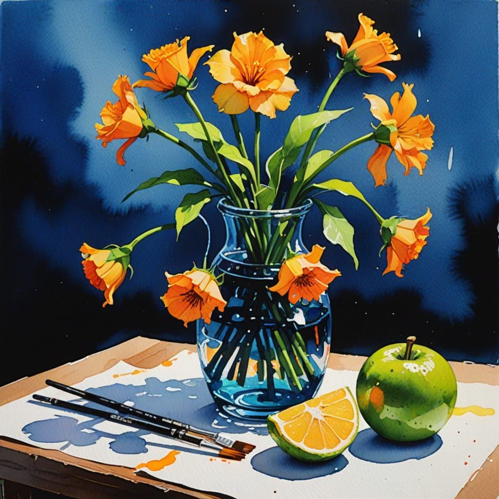 Still life watercolour wet brush gouache neon painting