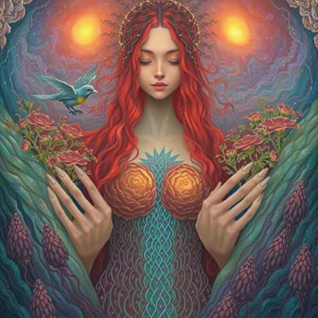 Volcano Woman with Birds and Flowers in Magic Realism