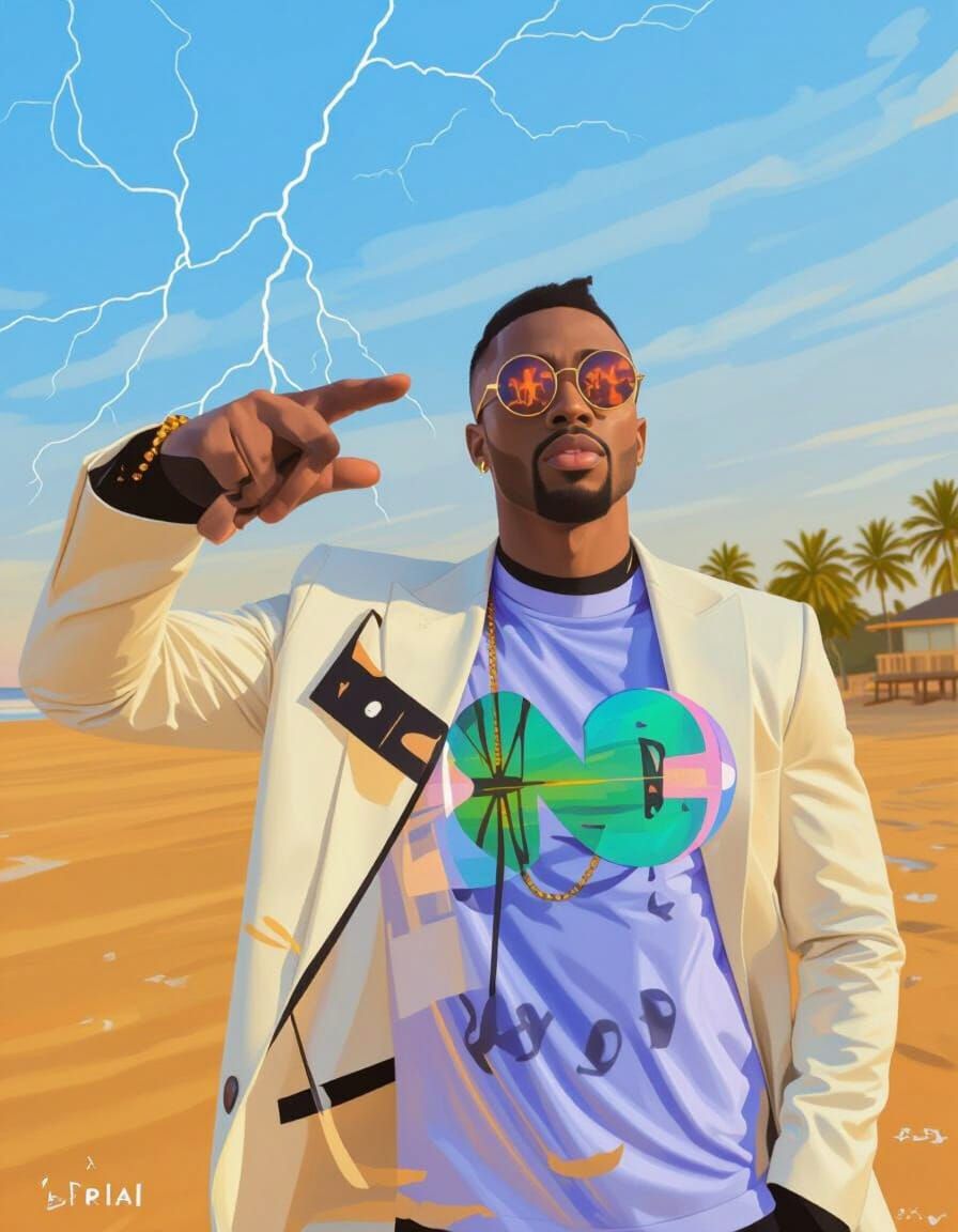 Confident Man on Beach with Glowing Planet in Digital Art St...