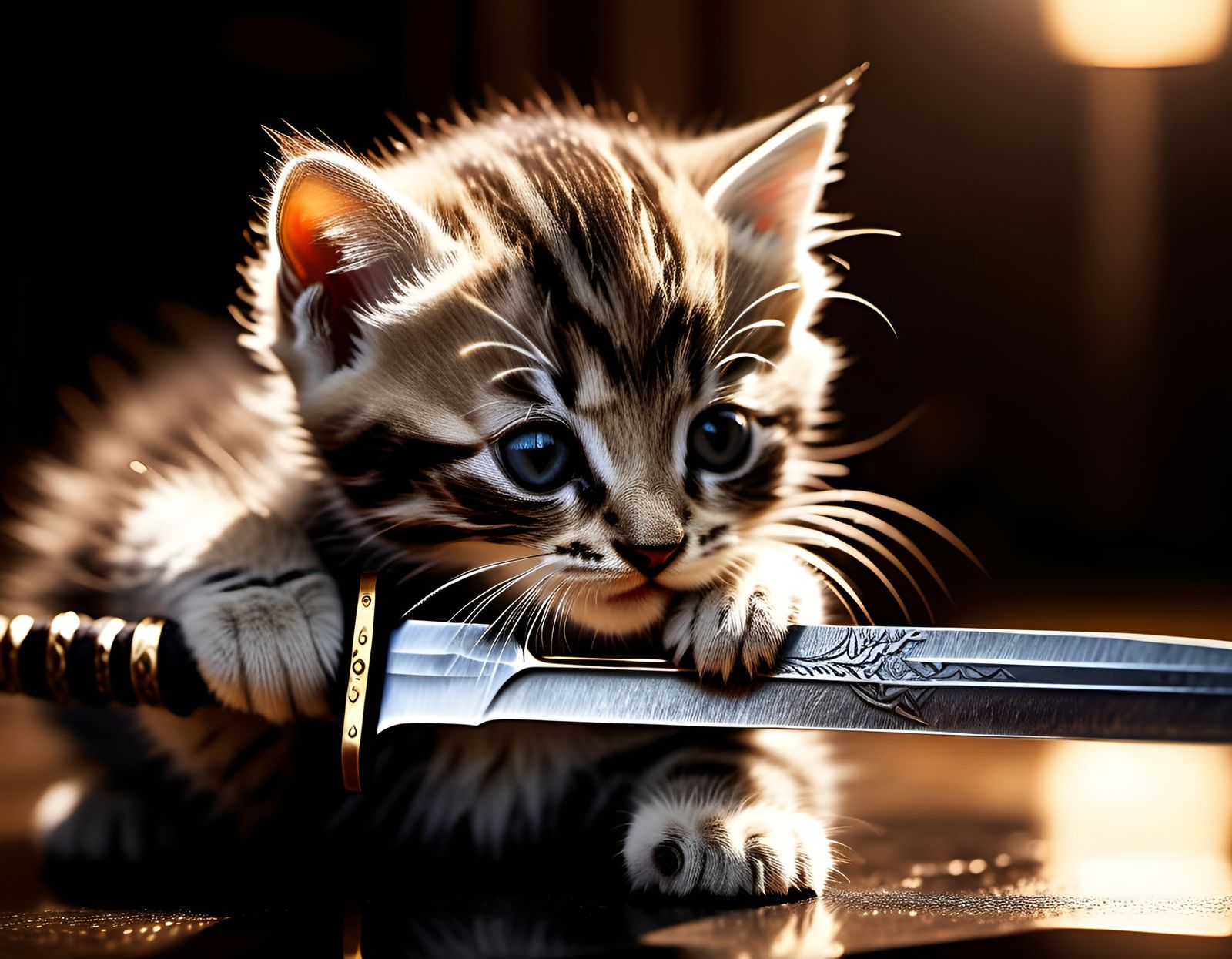 Kitten Wields Sword in Cinematic Macro Shot