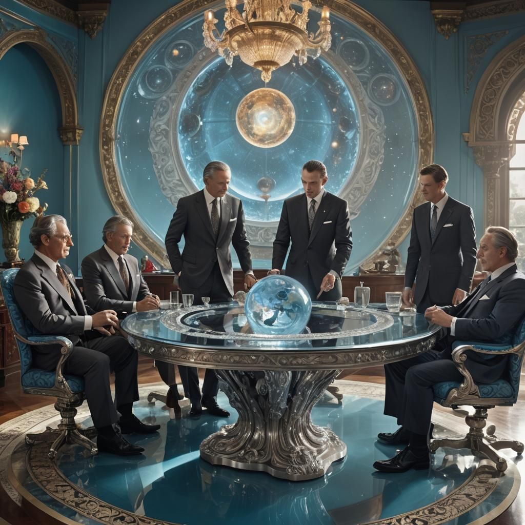 Earth in Glass Orb with Businessmen in Sci-Fi Style