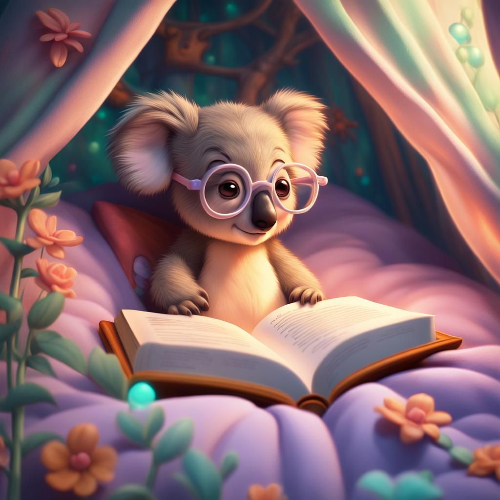 Koala Bear Reading in Bed: 3D Digital Art