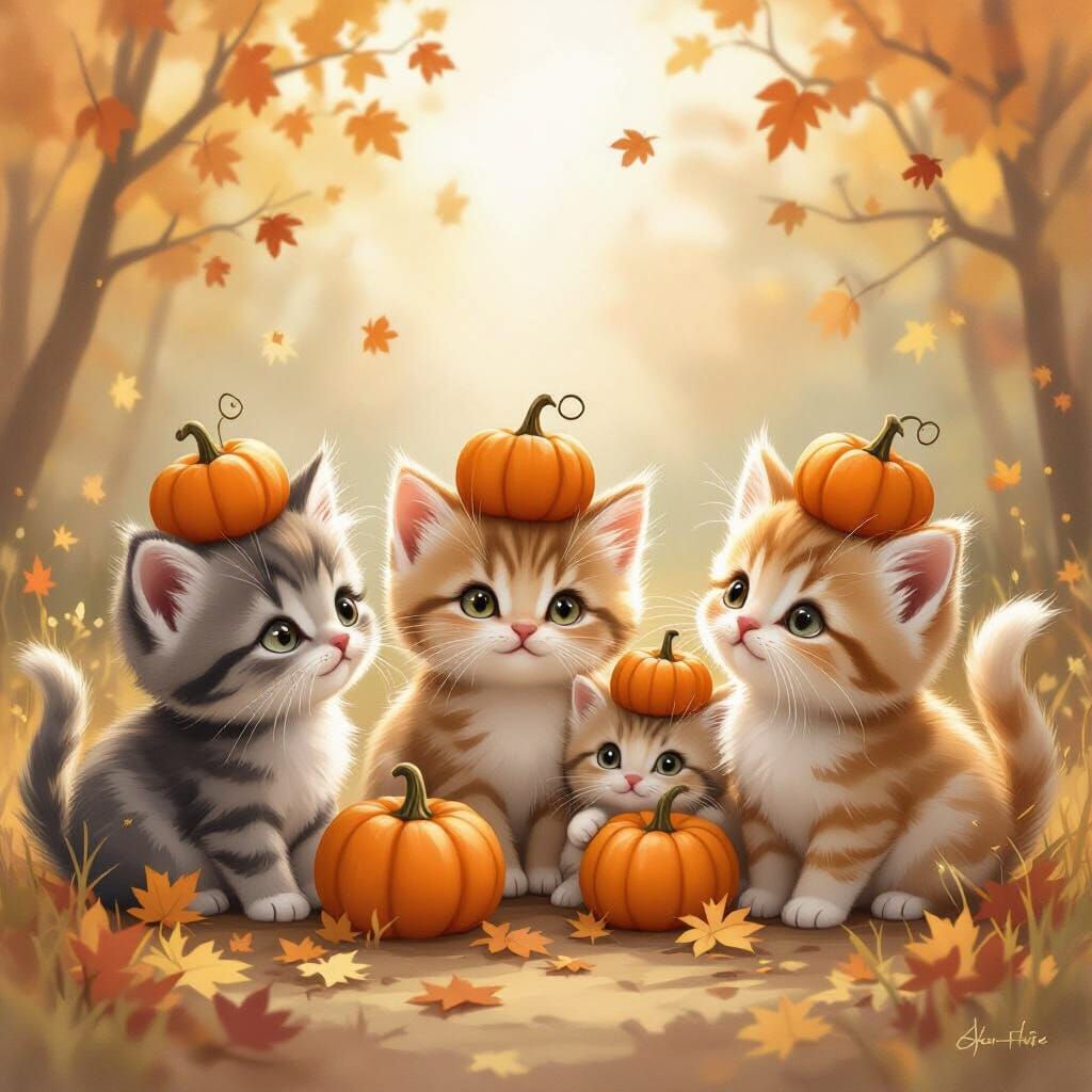 Adorable Kittens With Pumpkins In Whimsical Autumn Illustrat...