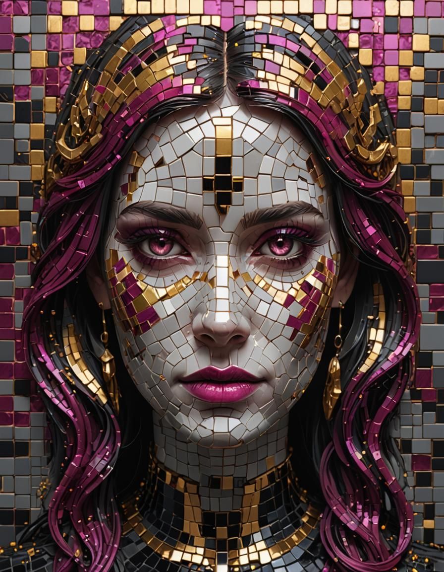 Woman's Face in Pixelated Magenta Mosaic