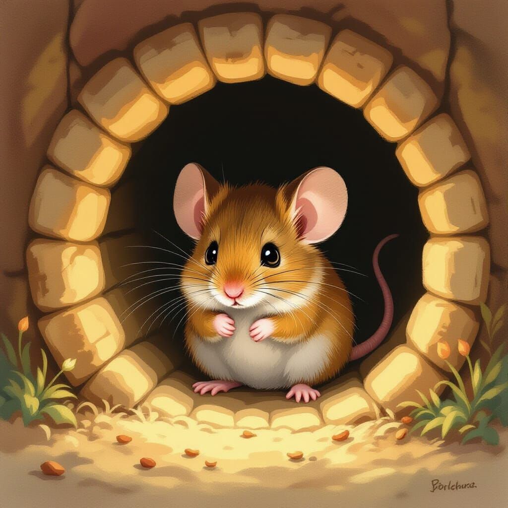 Timid Mouse in Cozy Nook: Storybook Illustration