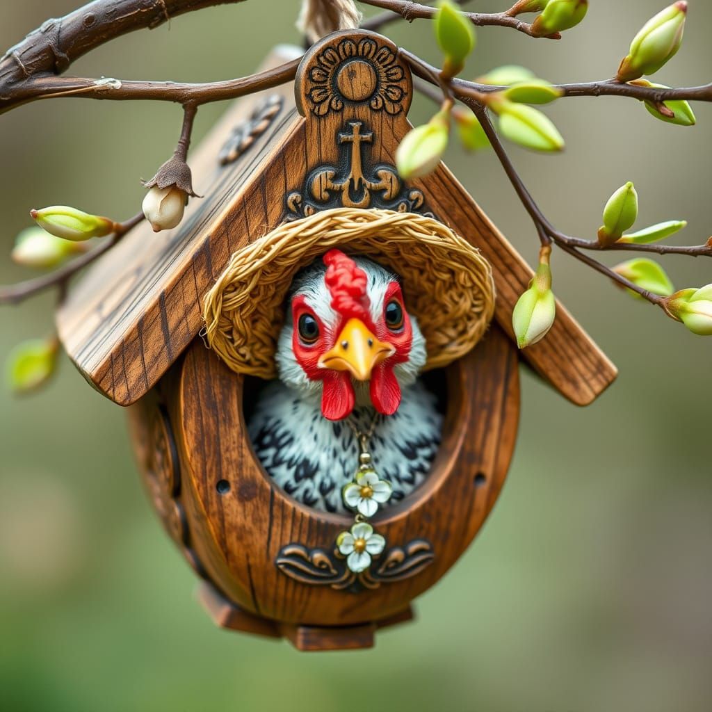 Whimsical Hen in Birdhouse, Vintage Illustration