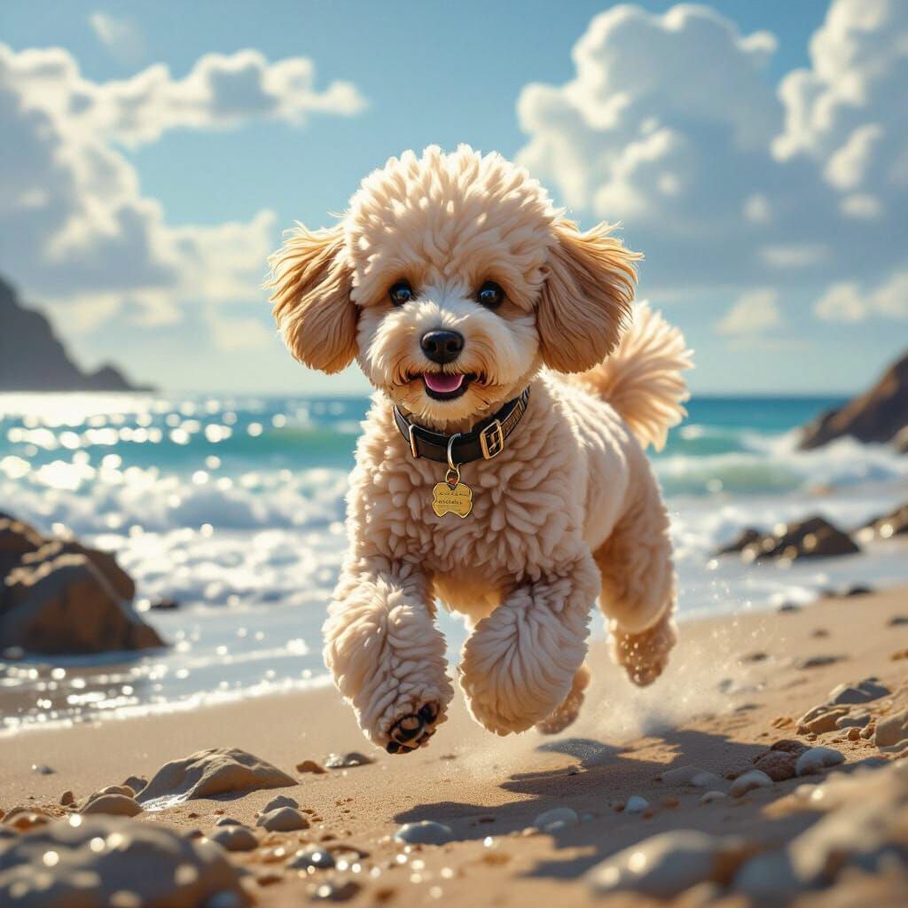 Mini Poodle Runs on Stony Beach in Hyperrealism