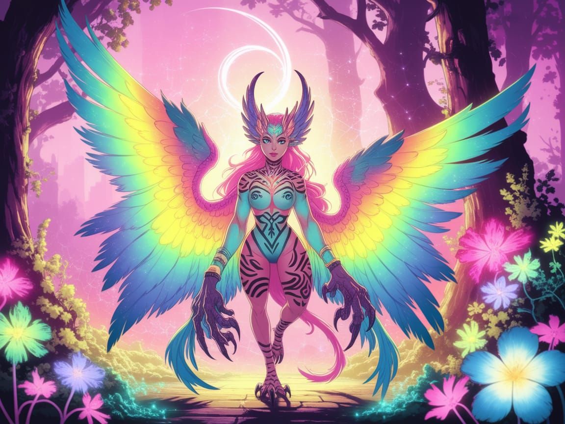 Majestic Harpy in Vibrant 80s Anime-Inspired Ink Painting