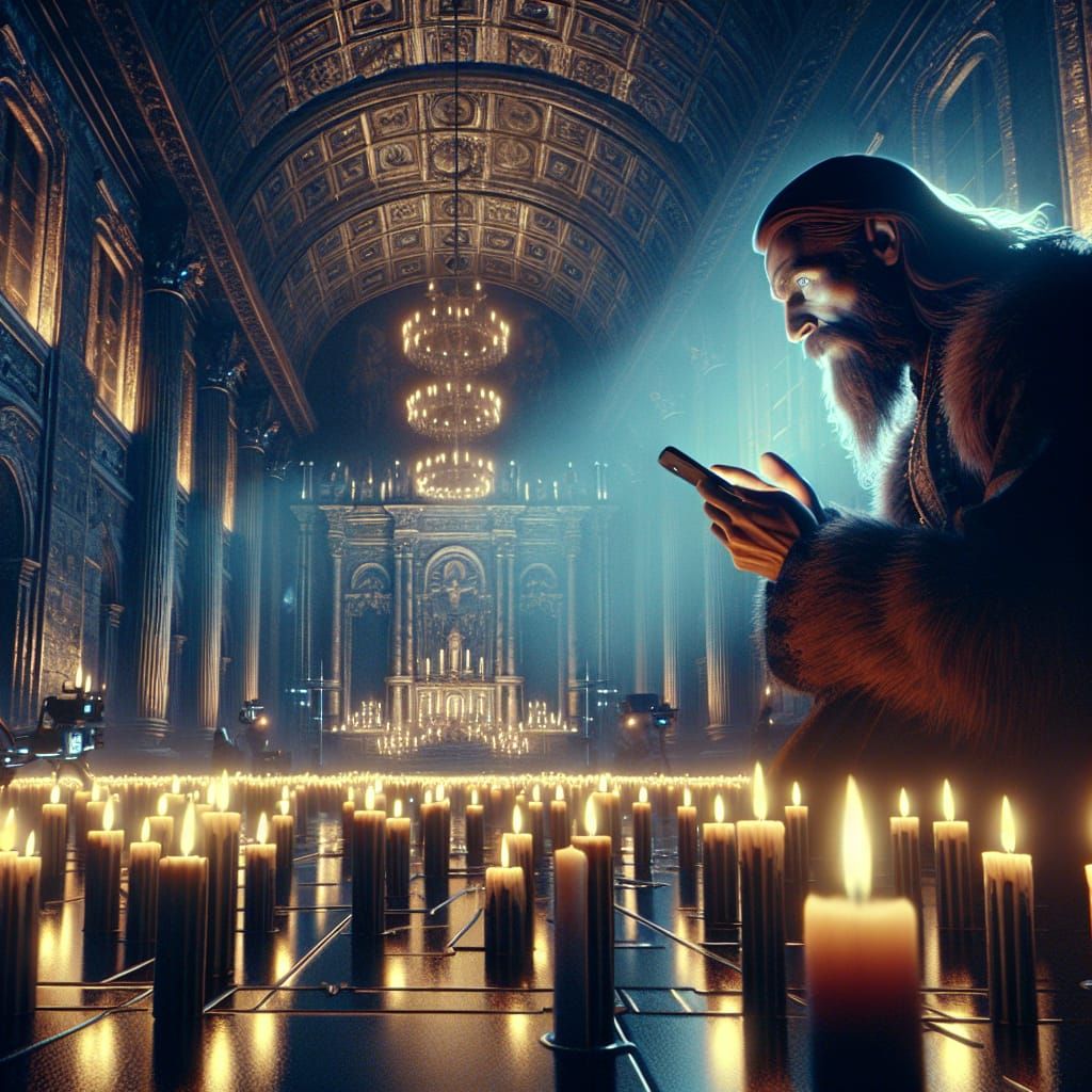 Rasputin Using Smartphone in Ornate Church, 3D Render
