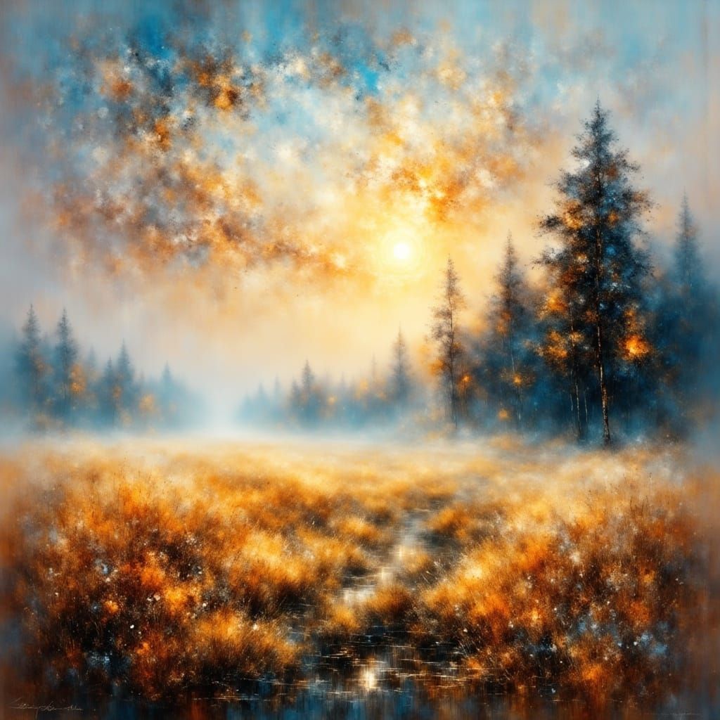 Misty Morning Field on Vancouver Island in Water Painting St...