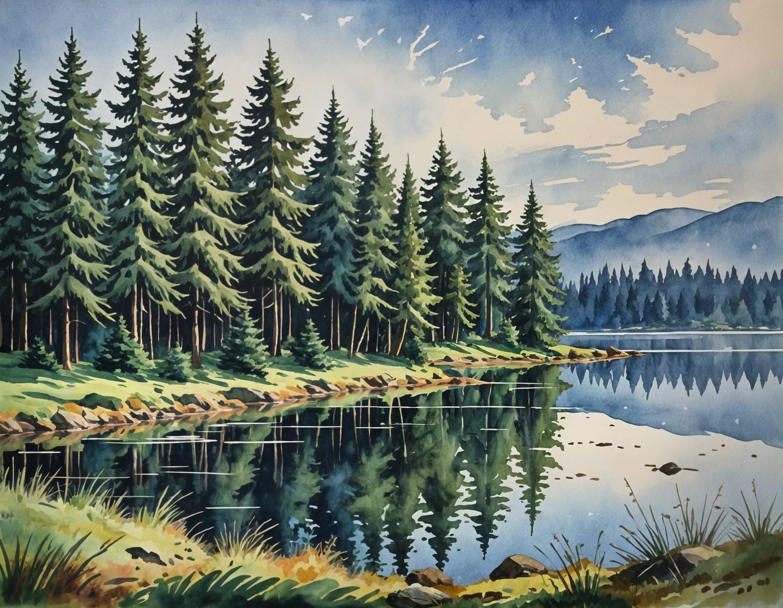 Spruce Trees Near Lake in Watercolour Style