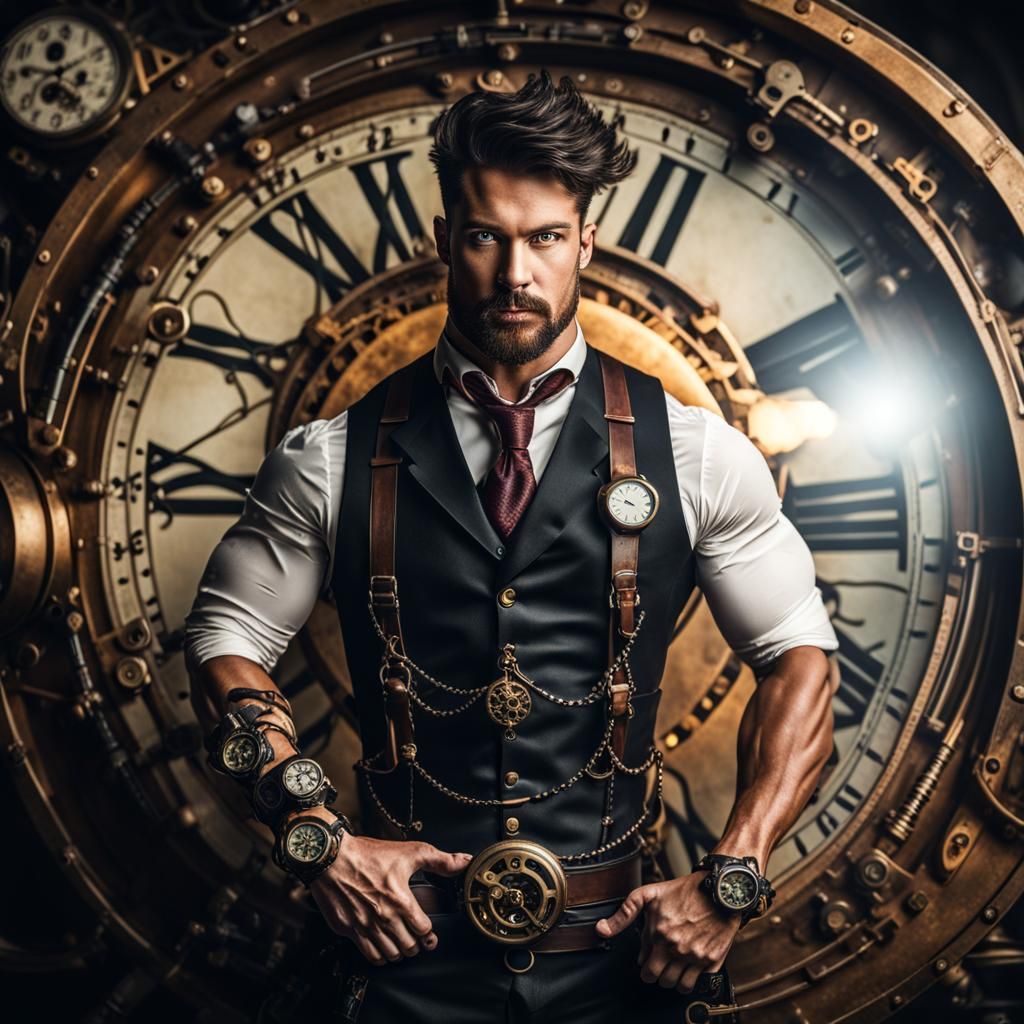 Steampunk Adonis in Zeppelin with Clocks