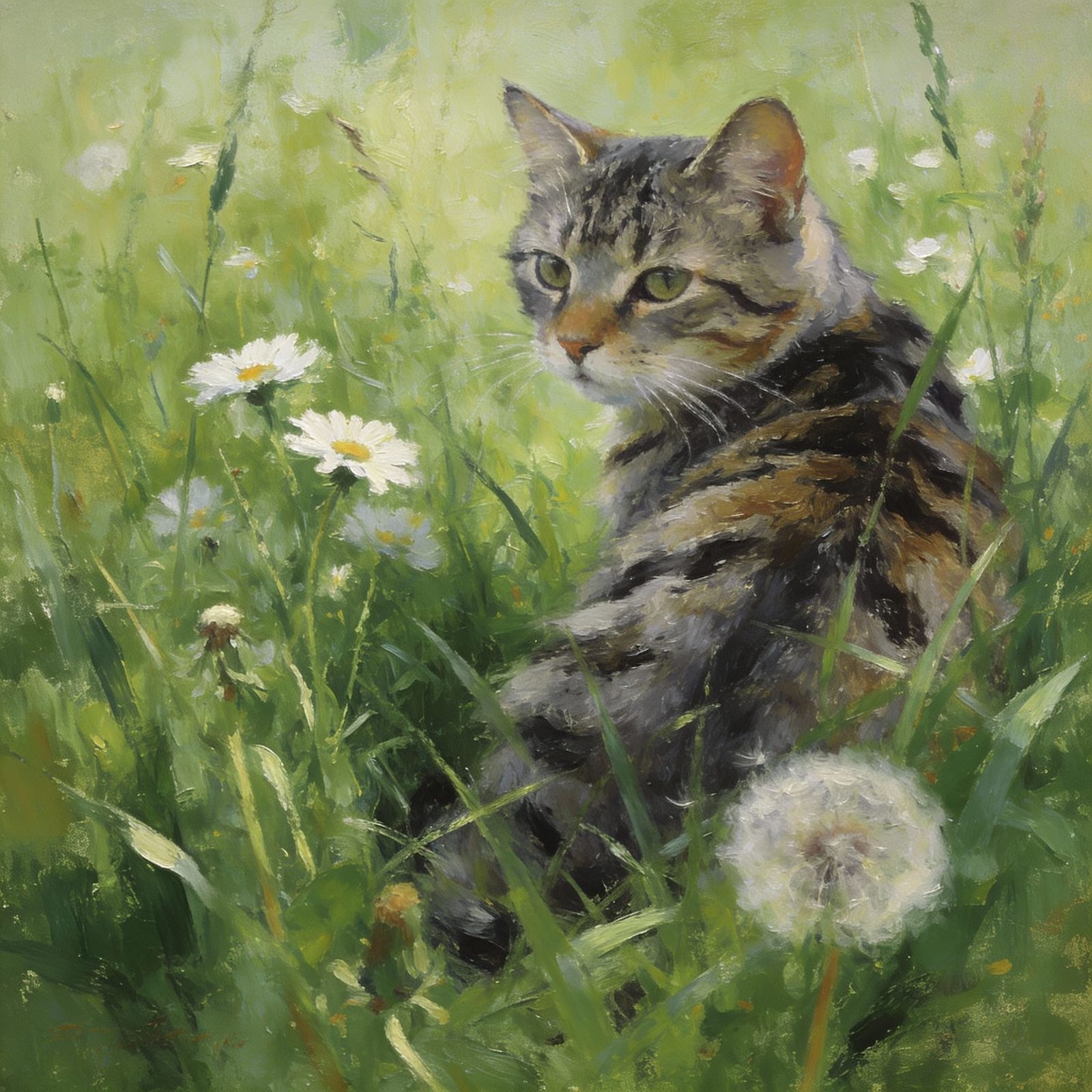 Tabby Cat in Meadow, Classical Painting Style