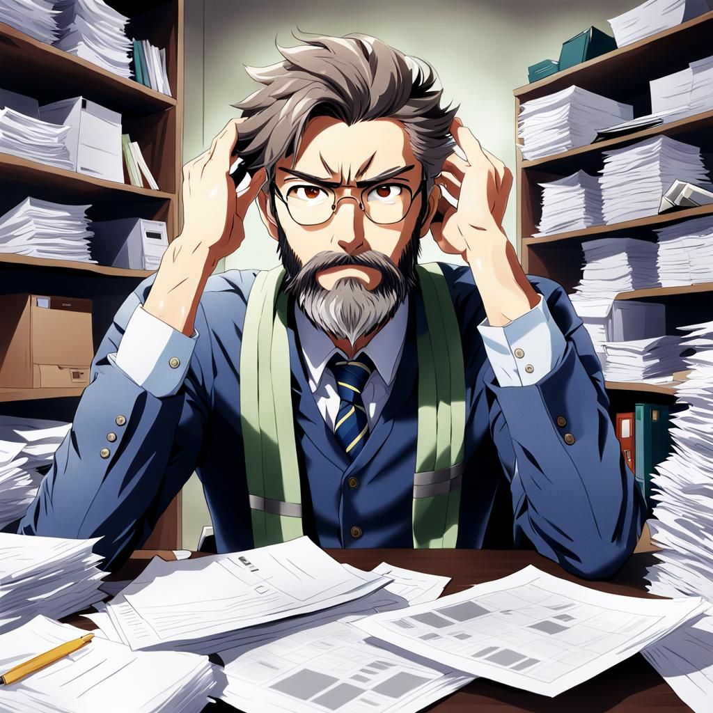 Overwhelmed Geologist in Anime Style Office