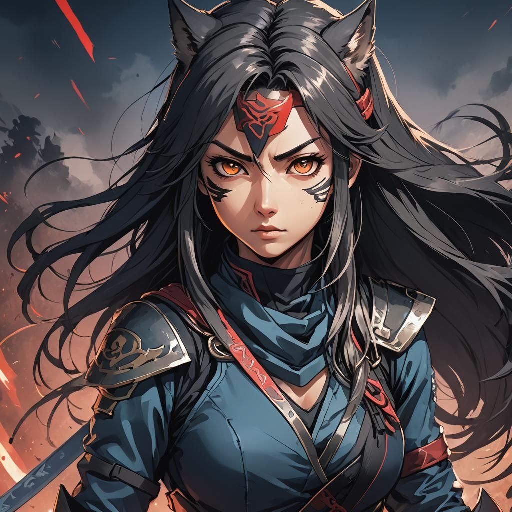 Anime Ninja Warrior with Wolf Eyes in Cel-Shaded Style