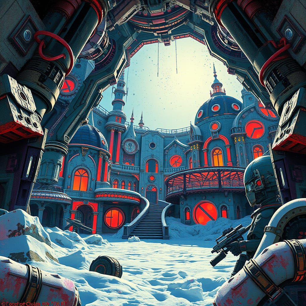 Supervillain's Icy Lair Under Attack in Digital Collage Styl...