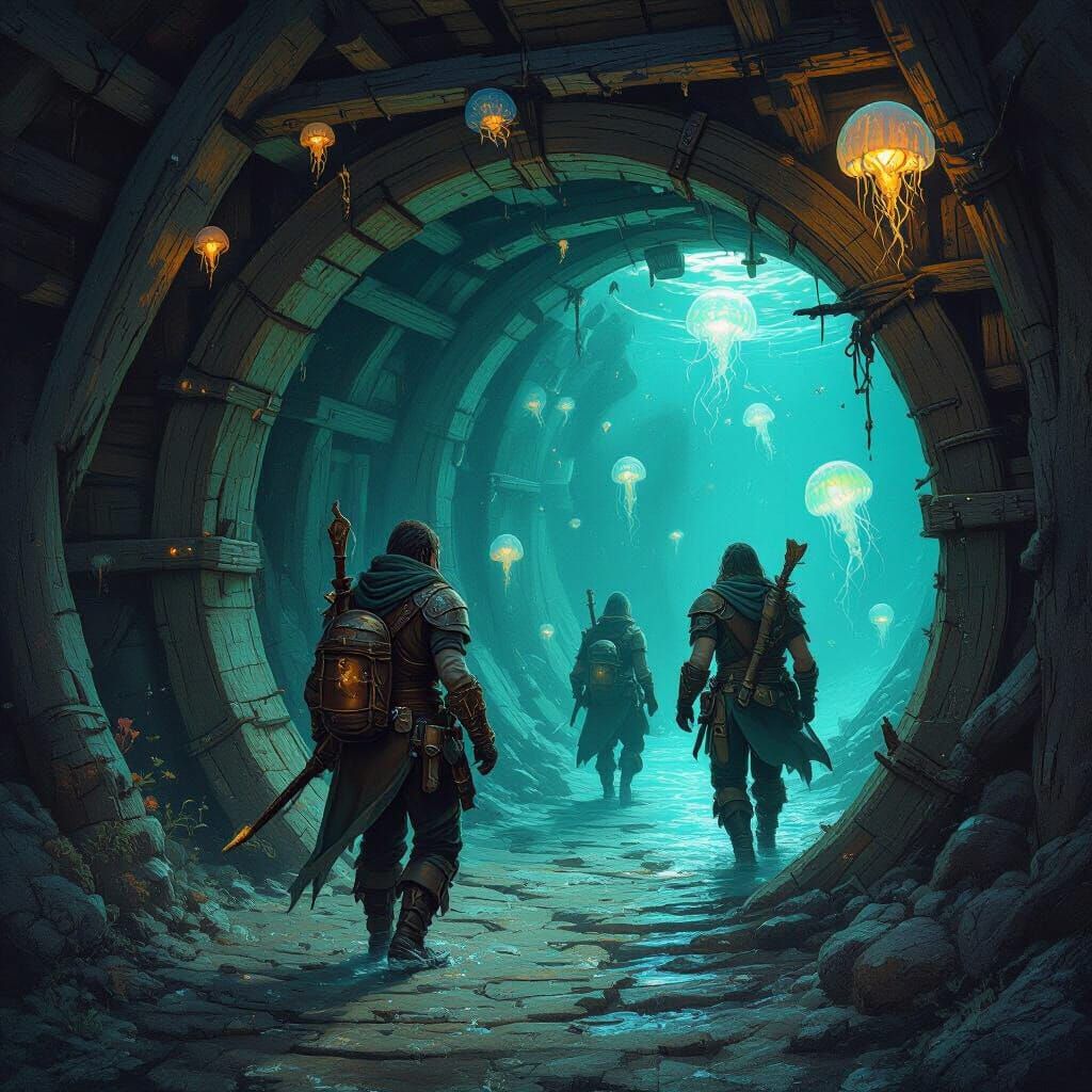 Fantasy Heroes Enter Underwater Passage in Gurney Style